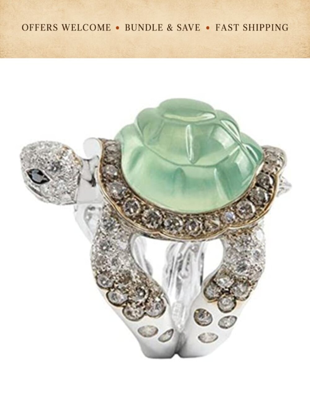 Turtle Statement Ring Cubic Zirconia Prong Set Animal Band Gift
